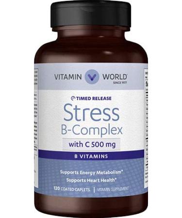 Vitamin World Stress B-Complex with 500 mg. Vitamin C Timed Release 120 Caplets Vegetarian Coated Timed-Release 120 Count (Pack of 1)