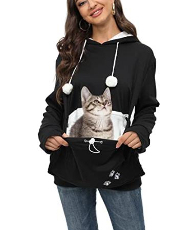 Erbacan Pet Carrier Hoodie-Cat Pouch Sweatshirt-Pullover Hoody Kitty Carrying Holder Kangaroo Breathable Unisex Hoodies Medium Black-d