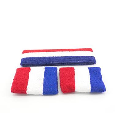 Oidon Sweatband Large Set 1 Headband + 2 Wristband Red White Blue