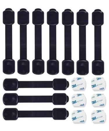 Child Safety Strap Lock Value Pack (10 Straps + 6 Extra 3M Adhesive) For Toilet Fridge Cabinets Drawers Dishwasher No Drilling - Black