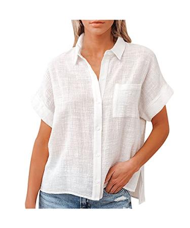 Drindf Womens Button Down Cotton Linen Shirt V Neck Roll Up Short Sleeve Loose Fit Casual Work Plain Blouse Tops White Medium