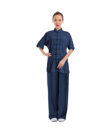 ZooBoo Unisex Cotton Blend Long/Short Sleeves Tai Chi Suit Morning Exercise Uniform Kung Fu Clothing Navy-short Sleeve Small