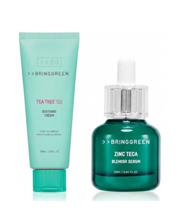BRING GREEN Zinc Teca 1.2% BLEMISH SERUM (0.85 Fl. Oz. 25ml) + Tea Tree Cica Soothing Cream Plus (3.4 fl.oz. 100ml) Bundle