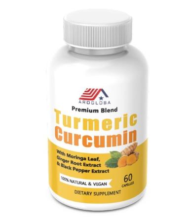 AROGLOBA Premium Turmeric Curcumin 60 Capsules Vegan Supplement with Moringa Leaf Ginger Root & Black Pepper Extract