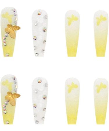 JUSTOTRY 24 Pcs Diamante Lemon French Press-on Nails with Flower Designs | Nude Medium Ballerina False Nails for Women | Acrylic Coffin Nails with Glue for Nail Art - Buy Online on GoSupps.com