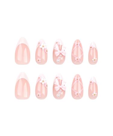 Foccna French Press On Nails - Medium Rhinestone Pink Almond Fake Nails | 24 pcs Bling Glossy 3D Flower Tips for Women & Girls - Buy Online on GoSupps.com