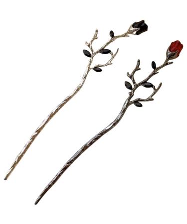 FRCOLOR Metal Chopsticks Flower Hair Accessories Rose Flower Hair Sticks Flower Hair Pin Retro Hair Chopstick Bun Hair Holder Valentines Day Black+Red Metal Chopsticks Flower Hair Accessories