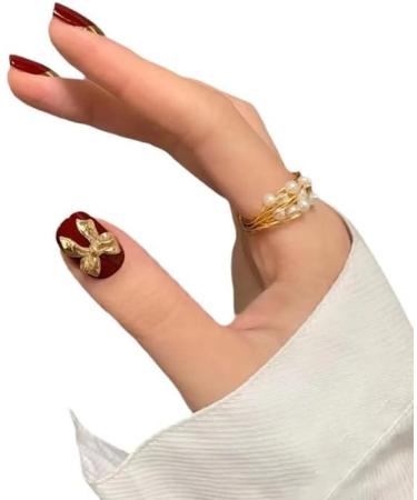 24Pcs/Set Press On Nails Short Wine Red Gold Border False Nails Acrylic Fake Nails Full Cover Nails Tips Artificial Finger Manicure Press on nails for Women and Girls - Buy Online on GoSupps.com