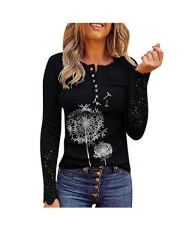 Long Sleeve Shirts for Women, Womens Ribbed Knit Henley Long Sleeves Tunic Lace Tops Cute Button Shirts Slim Fit Blouses Tee Medium X-04 Black