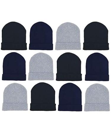 12 Pack Winter Beanie Hats for Men Women, Warm Cozy Knitted Cuffed Skull Cap, Wholesale 12 Pack Black / Navy Blue / Gray
