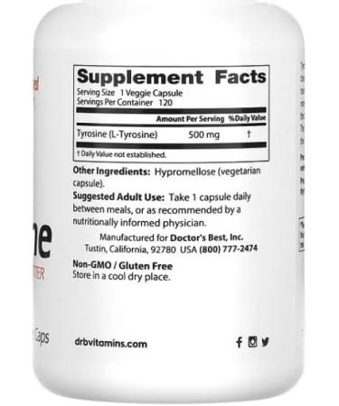 Doctor's Best L-Tyrosine 500mg - 120 Vegetable Capsules | Mental Support & Energy | Premium Essential Amino Acid - Buy Online on GoSupps.com