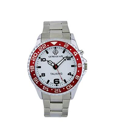 QINGQIAN English Talking Watch Applicable to The Middle-Aged, The Elderly and The Visually impaired Rotating Silver Stainless Steel Band, Men's Style