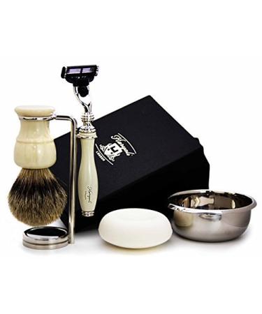 5 Pc Mens Shaving Kit 3 Edge Shaving Razor with Silver Tip Badger Hair Brush Stand Soap and Bowl Perfect Set for Men
