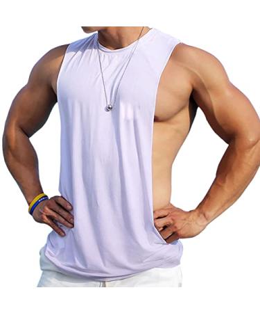 Ychnaim Men's Sleeveless Muscle Stringer Tank Top Cut Open Gym Training Bodybuilding Vest Shirts Small White