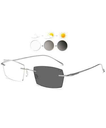 Koosufa borderless self-tinting reading glasses Blue light filter Photochrome men women women frameless cutting metal bracket with UV protection sun reading gamelles reading aid 1.0 1.5 2.5 3.5 4.0 Self-tone silver x1 1.5 x