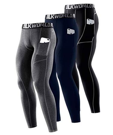 SILKWORLD Men's 1 3 Pack Compression Pants Pockets Cool Dry Gym Leggings Baselayer Running Tights A2_dark Navy Blue black(grey Stripe) hemp Gray(3p/Ord) Large