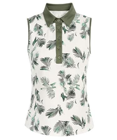 JACK SMITH Womens Sleeveless Golf Polo Shirt Quick Dry Floral Tennis Shirts Sun Protection Athletic Sports Tank Tops Green Leaf X-Large