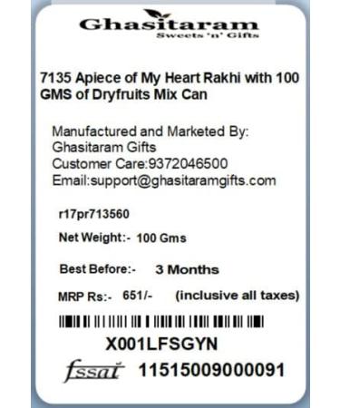 Ghasitaram Gifts Rakhi for Brother Rakhis Online - 7135 Apiece of My Heart Rakhi with 100 GMS of Dryfruits Mix Can Rakhi Set with 100 gms of Dryfruits Mix Can - Buy Online on GoSupps.com