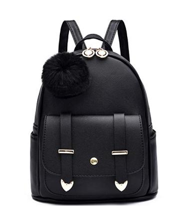 I IHAYNER Girls Fashion Backpack Mini Backpack Purse for Women Teenage Girls Purses PU Leather Pompom Backpack Shoulder Bag Black
