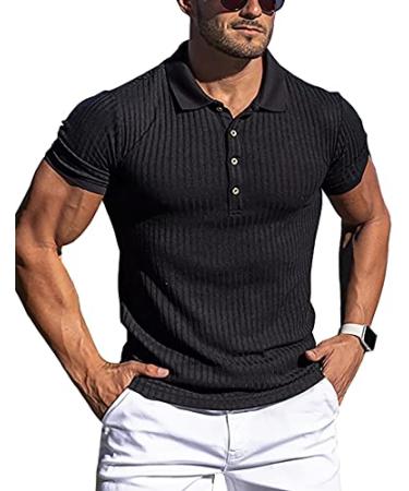URRU Men's Muscle T Shirts Stretch Long&Short Sleeve Workout Tee Casual Slim Fit Polo Shirt 1short Sleeve-black X-Large