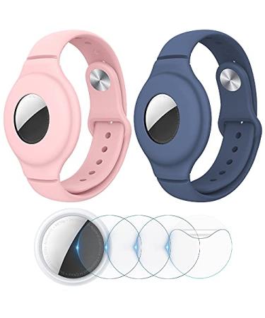 VEGO 2+4Pack AirTag Bracelet for Kids 2 Pack Silicone Watch Bands + 4 Pack Anti-Scratch Films for Kids Children Upgraded Metal Studs Anti-dropping Wristband Compatible with AirTag PINK+BLUE GRAY