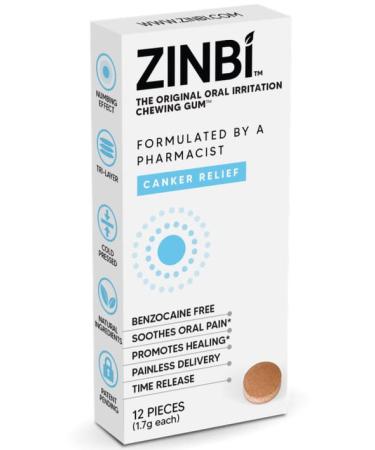 ZINBI Oral Irritation Chewing Gum (12 Count) - Rapid Healing Natural Pain Reliever - Canker Sore Treatment Mouth Sores and Mouth Ulcers White