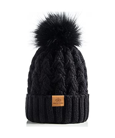 PAGE ONE Womens Winter Ribbed Beanie Crossed Cap Chunky Cable Knit Pompom Soft Warm Hat Black