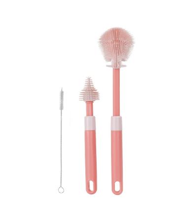 Baby Bottle Brushes for Cleaning Silicon Teat Milk Bottle Water Bottle Brush Set Cleaner Extendable Long Handle 3 pieces Pink