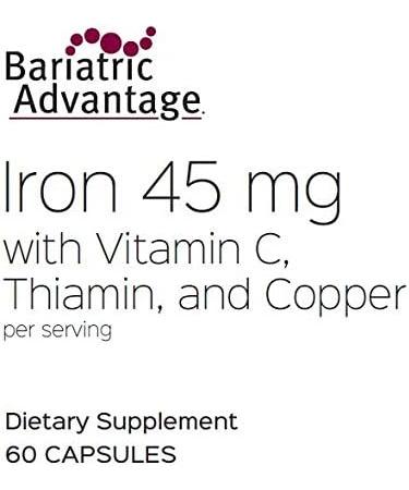 Bariatric Advantage Iron 45 mg with Vitamin C, Thiamin & Copper - 60 Count | Easily Digestible for Gastric Bypass & Sleeve Gastrectomy Patients - Buy Online on GoSupps.com