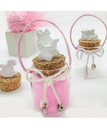 Ingrosso e Risparmio Set of 3 Glass Favour Jars with Cork Stoppers Decorated with White Chalks and Pink Cord Original Favours for New Baby Girl (with Red Dragees)