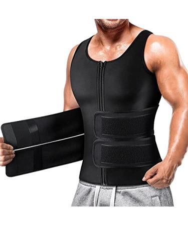 Cimkiz Sauna Vest for Mens Waist Trainer Zipper Neoprene Sauna Suit Tank Top Black With Belt Large