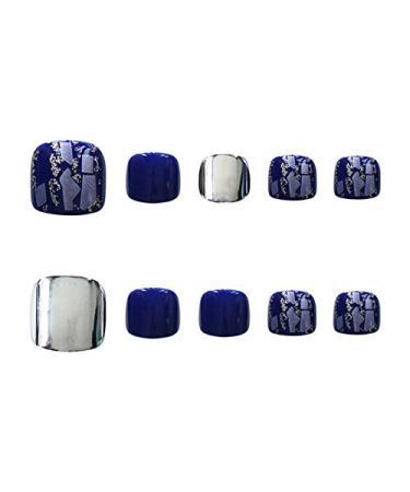24pcs Fake Toenails with Glue Glitter False Toe Nail Tips For Women Full Cover Press On Toenails Art Pedicure Stick On Toenails for Women Fake Toe Nails for Big Toes Blue