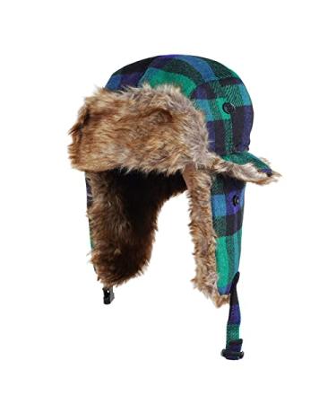 ONWAY Buffalo Plaid Aviator Fur Trapper Hat Ushanka Eskimo Russian Bomber Hat with Ear Flaps for Women Men Green