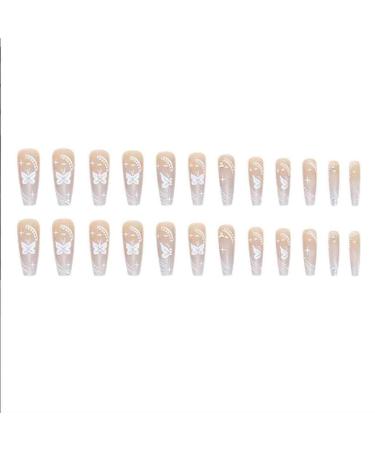 Foccna Pearl Flower Long White Press on Nails - 24PCS Full Cover Coffin Butterfly False Nails for Women and Girls - Buy Online on GoSupps.com