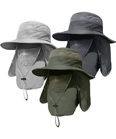 3 Pack Mens Outdoor Wide Brim Fishing Hat UPF 50+ Sun Protection Cap with Face Neck Flap for Hiking & Garden 3 Pack-dark Grey&light Grey&army Green