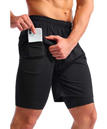 Pudolla Mens 2 in 1 Running Shorts 7" Quick Dry Gym Athletic Workout Shorts for Men with Phone Pockets Black Large