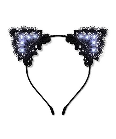 FlashingBlinkyLights Black Lace Light Up Kitty Cat Ears Headband with White LEDs