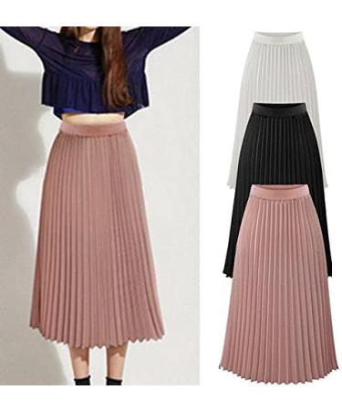 Sanahy Women's High Waist Pleated Midi Skirt - Solid Stylish Casual Chiffon A-line Long Skirt in Black - Buy Online on GoSupps.com