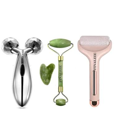 Face Massager Roller 3D Massager Roller And Anti Aging 100% Natural Stone Jade Roller With Gau Sha Stone Facial Massager Soothing Firming Skin (Roller Face Massager+3D+ Natural Stone)