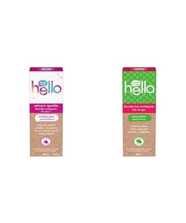 Hello Kids Fluoride & Fluoride-Free Toothpaste 2-Pack Bundle Unicorn Sparkle & Natural Watermelon Vegan SLS & Gluten-Free Safe for Babies and Toddlers 88 mL Each