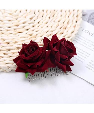 Rose Hair Clip Comb for Women - Burgundy Flower Hairpin for Wedding, Brides, Girls - Dark Red Hair Accessory - Buy Online on GoSupps.com