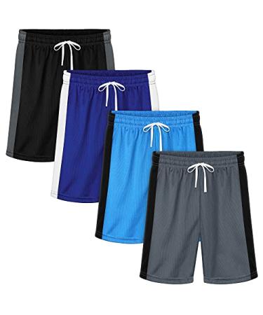 Resinta 4 Pack Boys Mesh Athletic Shorts Breathable Quick Dry Active Shorts with Drawstring Basketball Shorts for Gym Running 8-10 Years Black Gray Royal Blue Blue