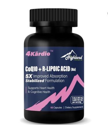Highland Nutritional Lab CoQ10 100mg + R-Lipoic Acid 200mg per Serving, 1 Month Supply, Up to 5X Improved Absorption, R-Lipoic Acid/CoQ10 Supplement for Heart Health and Cognitive Health-60 Capsules