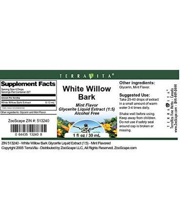 White Willow Bark Glycerite Liquid Extract (1:5) - Mint Flavor - 1 oz - Premium Herbal Supplement for Natural Relief - Buy Online on GoSupps.com