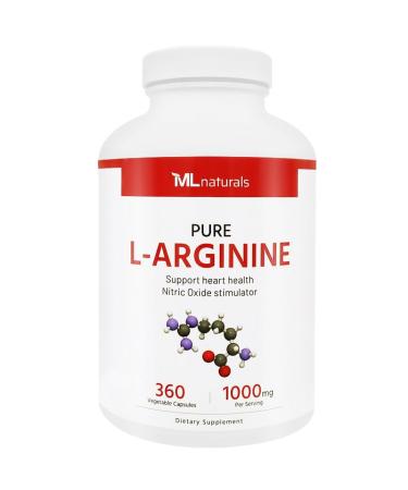 ML Naturals Pure L-Arginine 1000 mg 360 Vegetable Capsules. Amino Acid, Nitric Oxide Stimulator, and Supports Heart Health, NSF-Certified & cGMP-Compliant Facility, Third-Party Lab Tested 360 Count (Pack of 1)