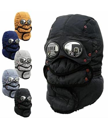Winter Thermal Trapper Hat with Glasses Winter Cycling Windproof Ski Mask Cap Black