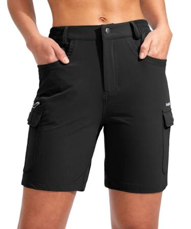 SANTINY Women's Hiking Cargo Shorts with 7 Pockets Lightweight Quick Dry 7 Inch Long Golf Shorts for Women Casual Summer Black Small