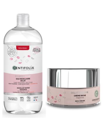 CENTIFOLIA | Eclat de Rose Micellar Water 500ML + Eclat de Rose Rich Cream 50ML | Ideal for dehydrated skin | Removes makeup perfectly | Smoothed and illuminated skin | Made in France | Organic
