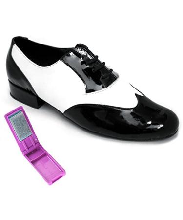 Very Fine Dance Shoes - Mens Standard, Smooth, Waltz Ballroom Dance Shoes - M100101-1-inch Heel and Foldable Brush Bundle 11 Black Patent - White Leather