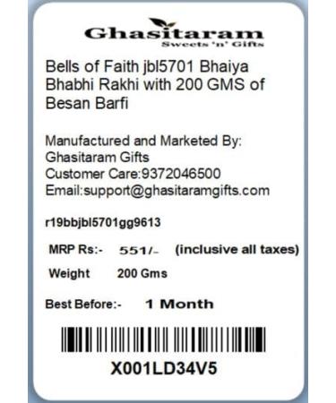 Ghasitaram Gifts Rakhis Online - Rakhi for Brother- Bells of Faith jbl5701 Bhaiya Bhabhi Rakhi with 200 GMS of Besan Barfi Rakhi Set with 200 gms of Besan Barfi - Buy Online on GoSupps.com